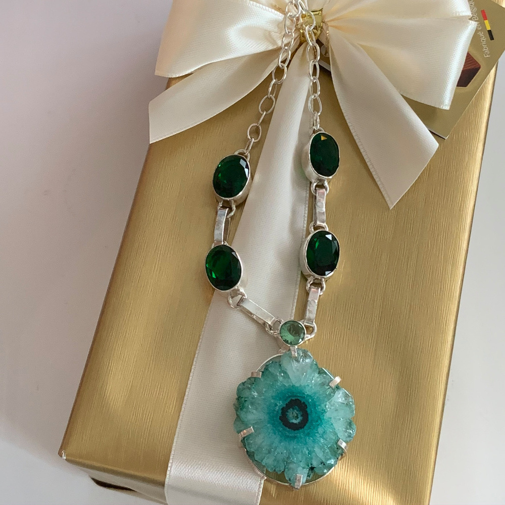 Green Aquamarine Solar Druzy + Peridot + Diopsides